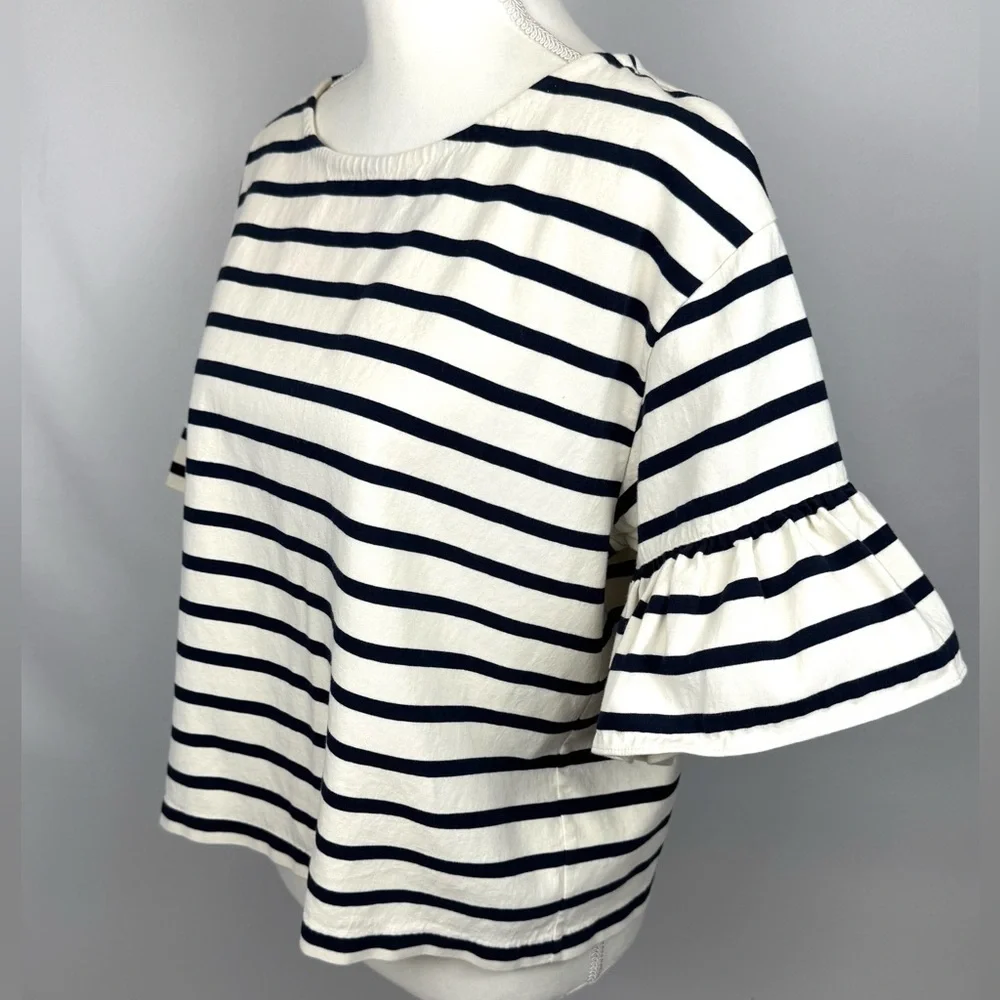 J. Crew Ruffle Sleeves Top Black Cream Stripes Short Sleeves Cotton Large French